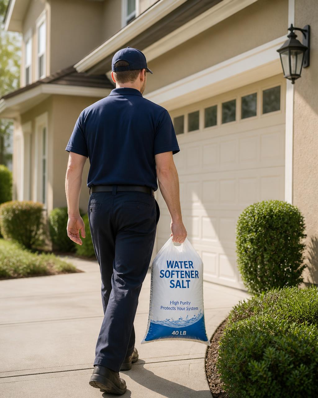 Delivery driver carrying a bag of water softener salt to a home